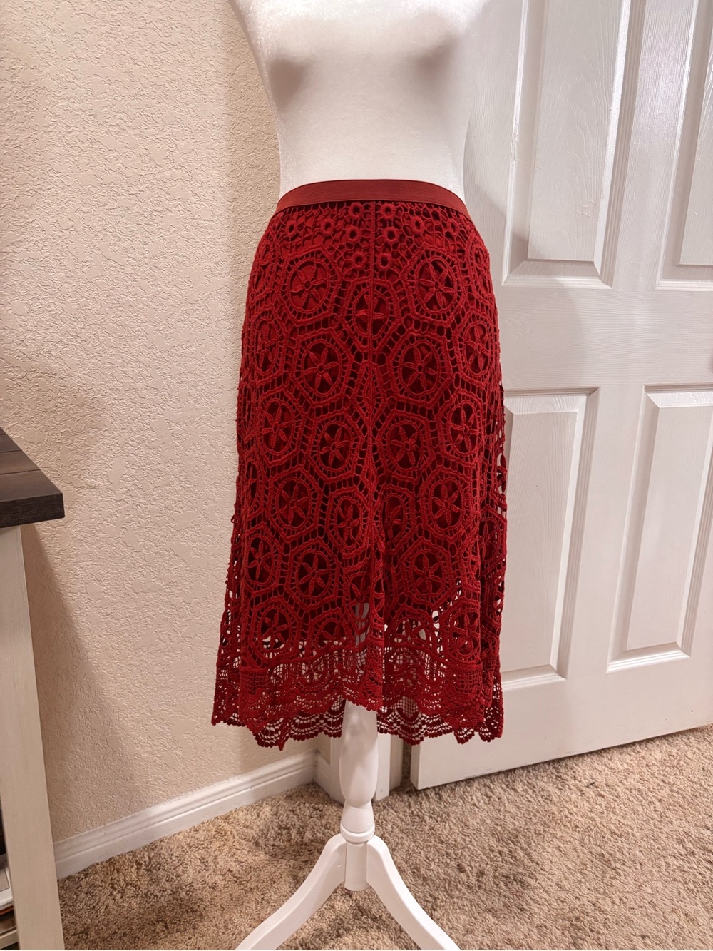 Ella Moss Red Crochet High-Low Midi Skirt